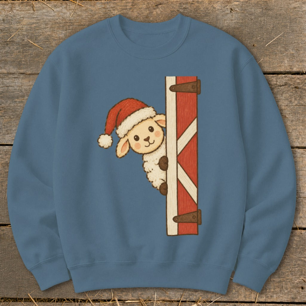 Cute sheep wearing a Santa hat peeking from behind a red barn door.
