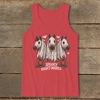 Three horses in ghost costumes with pumpkins and bats, text reads "SPOOKY NIGHT-MARES".