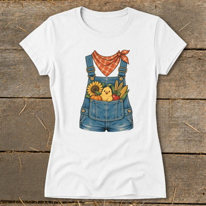 White t-shirt with a denim overall graphic containing a chick, sunflower, pumpkin, and corn.