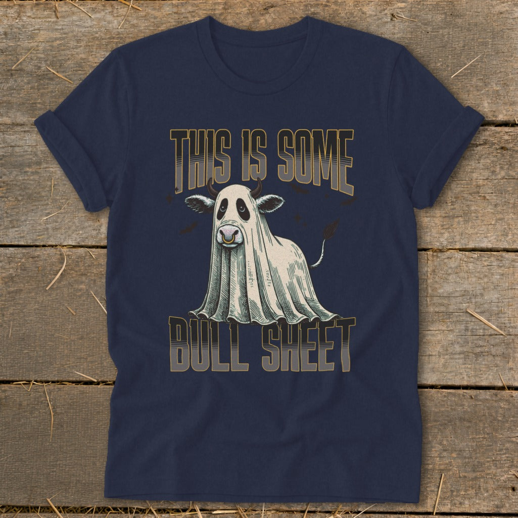 Navy t-shirt with a cow wearing a ghost costume and the text "THIS IS SOME BULL SHEET."