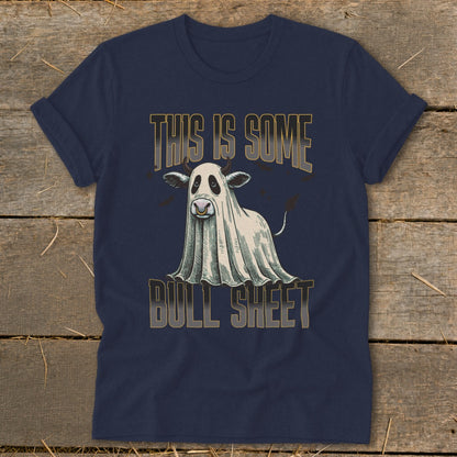 Navy t-shirt with a cow wearing a ghost costume and the text "THIS IS SOME BULL SHEET."