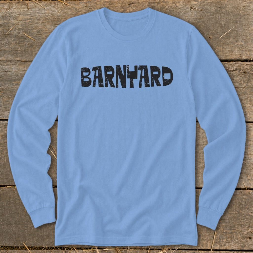 Light blue long sleeve t-shirt with black distressed text reading Barnyard centered on the chest.