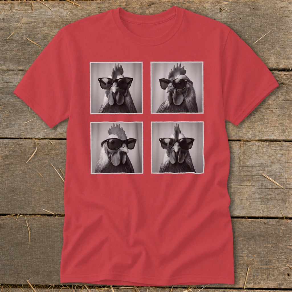 Four black and white portraits of roosters wearing sunglasses on a red t-shirt.