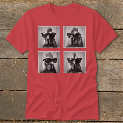 Four black and white portraits of roosters wearing sunglasses on a red t-shirt.