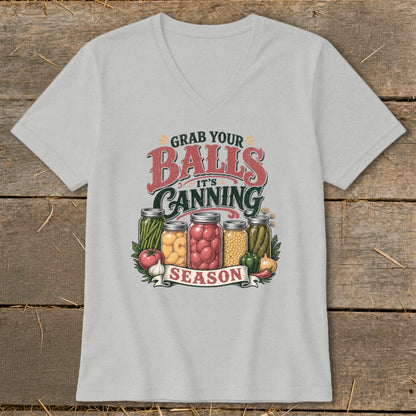 Graphic tee with text "Grab Your Balls It's Canning Season" and jars of produce.