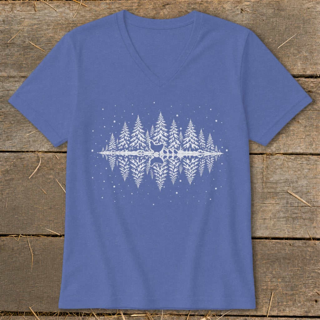 Blue v-neck t-shirt with white reflection of trees and a deer graphic.