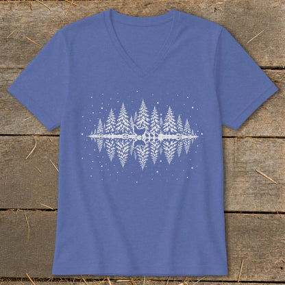 Blue v-neck t-shirt with white reflection of trees and a deer graphic.