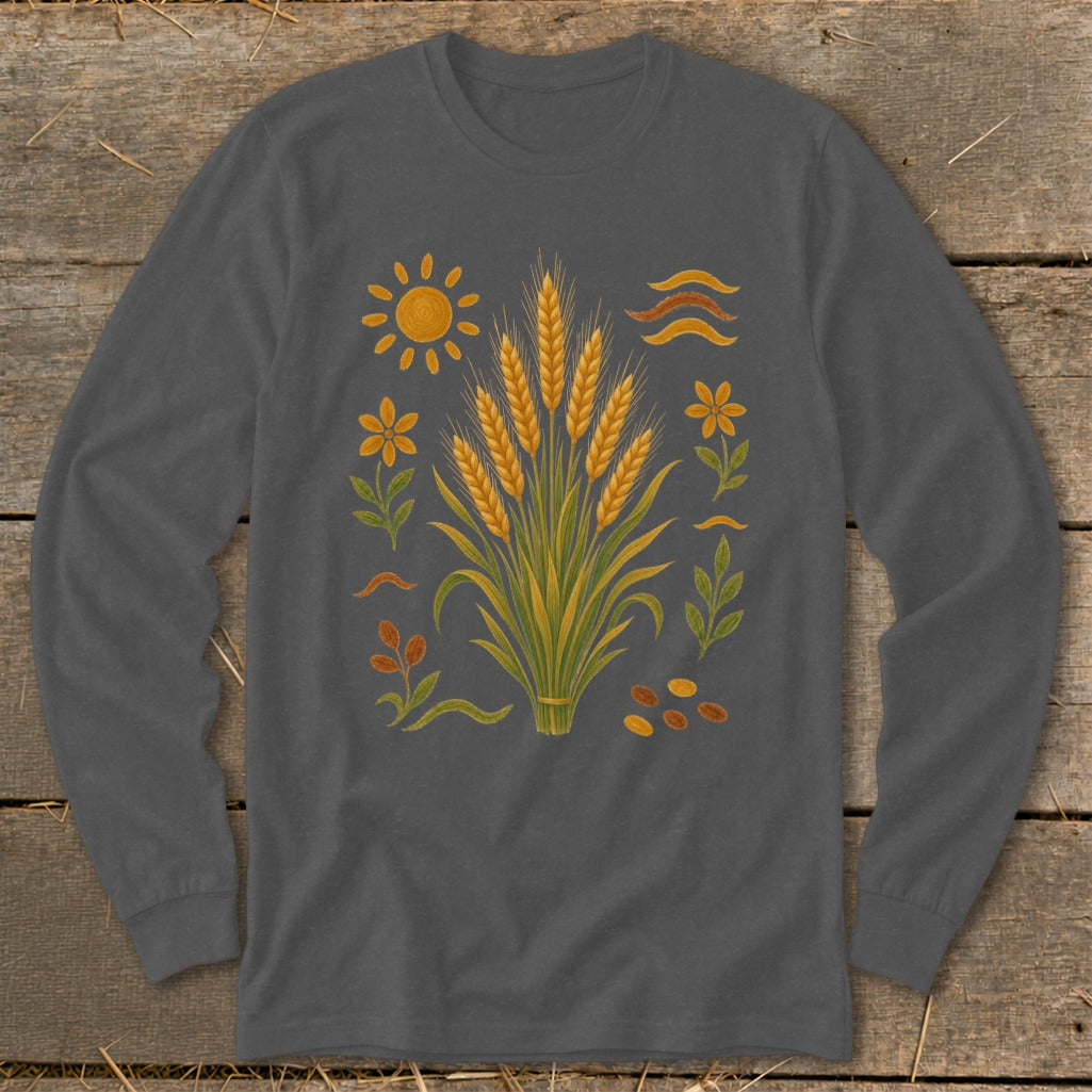 Long-sleeve shirt with a central wheat stalk design and surrounding botanical elements.