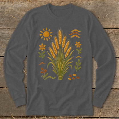 Long-sleeve shirt with a central wheat stalk design and surrounding botanical elements.