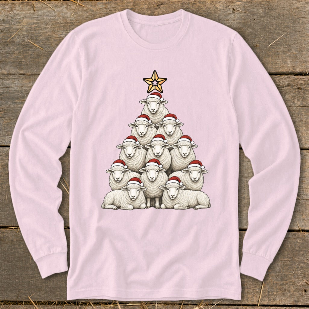 Christmas tree shaped arrangement of sheep wearing Santa hats, topped with a star.