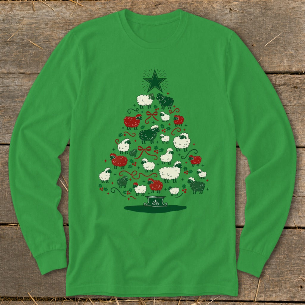 Green long-sleeve shirt with a Christmas tree made of sheep and festive decorations.