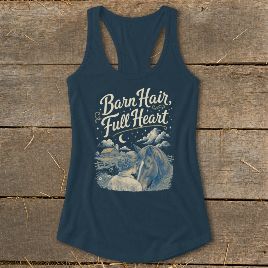 Navy tank top with "Barn Hair, Full Heart" text and horse and rider graphic.
