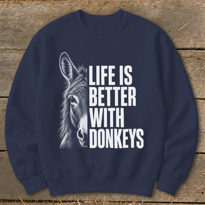 Navy sweatshirt with a donkey illustration and "Life is Better With Donkeys" text.