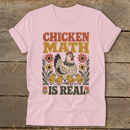 Pink t-shirt with "Chicken Math Is Real" text and illustration of a hen and chicks.