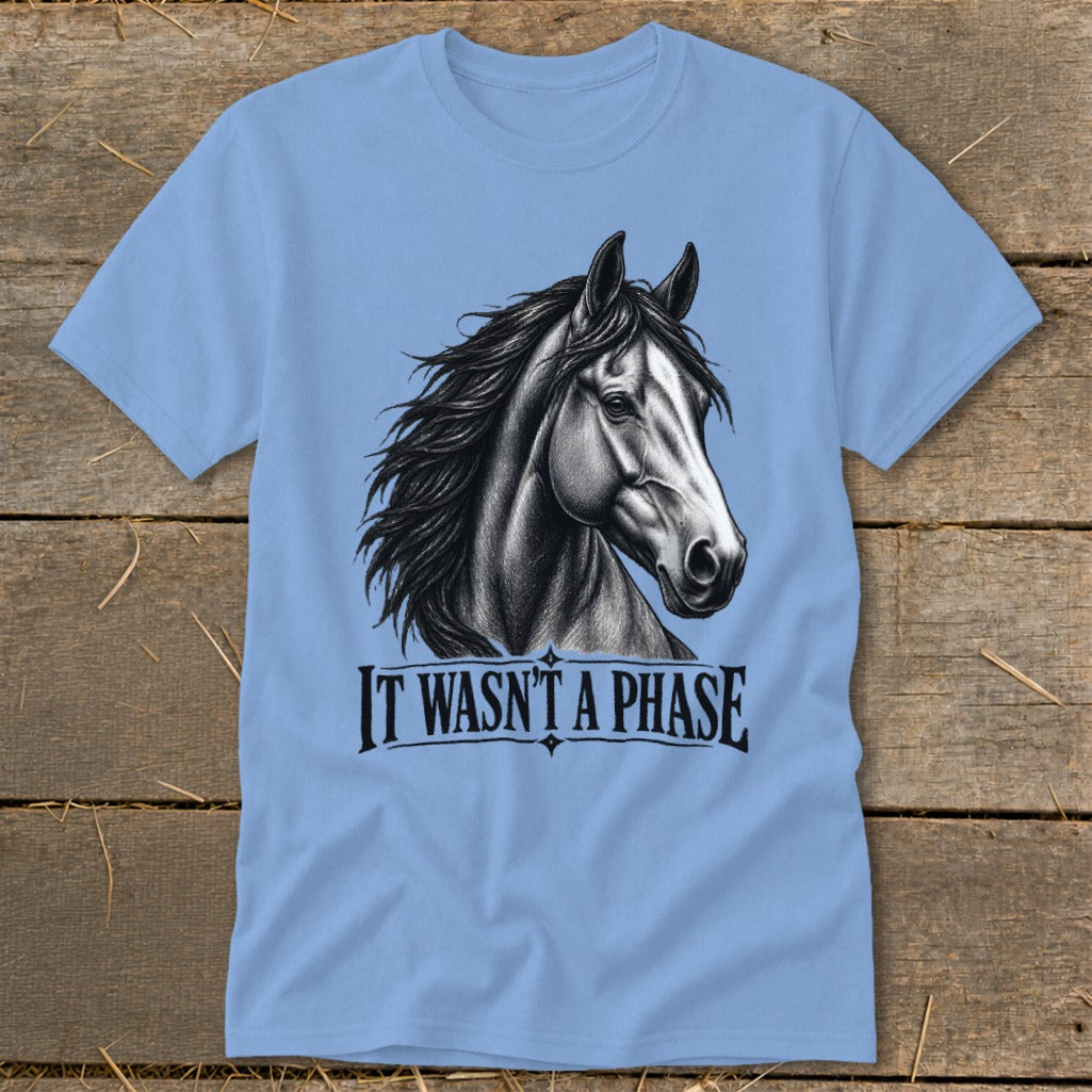 Light blue t-shirt with a sketch of a horse's head and the text "IT WASN'T A PHASE".