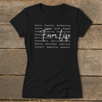 Black t-shirt with "Farm life" and descriptive words in white text.