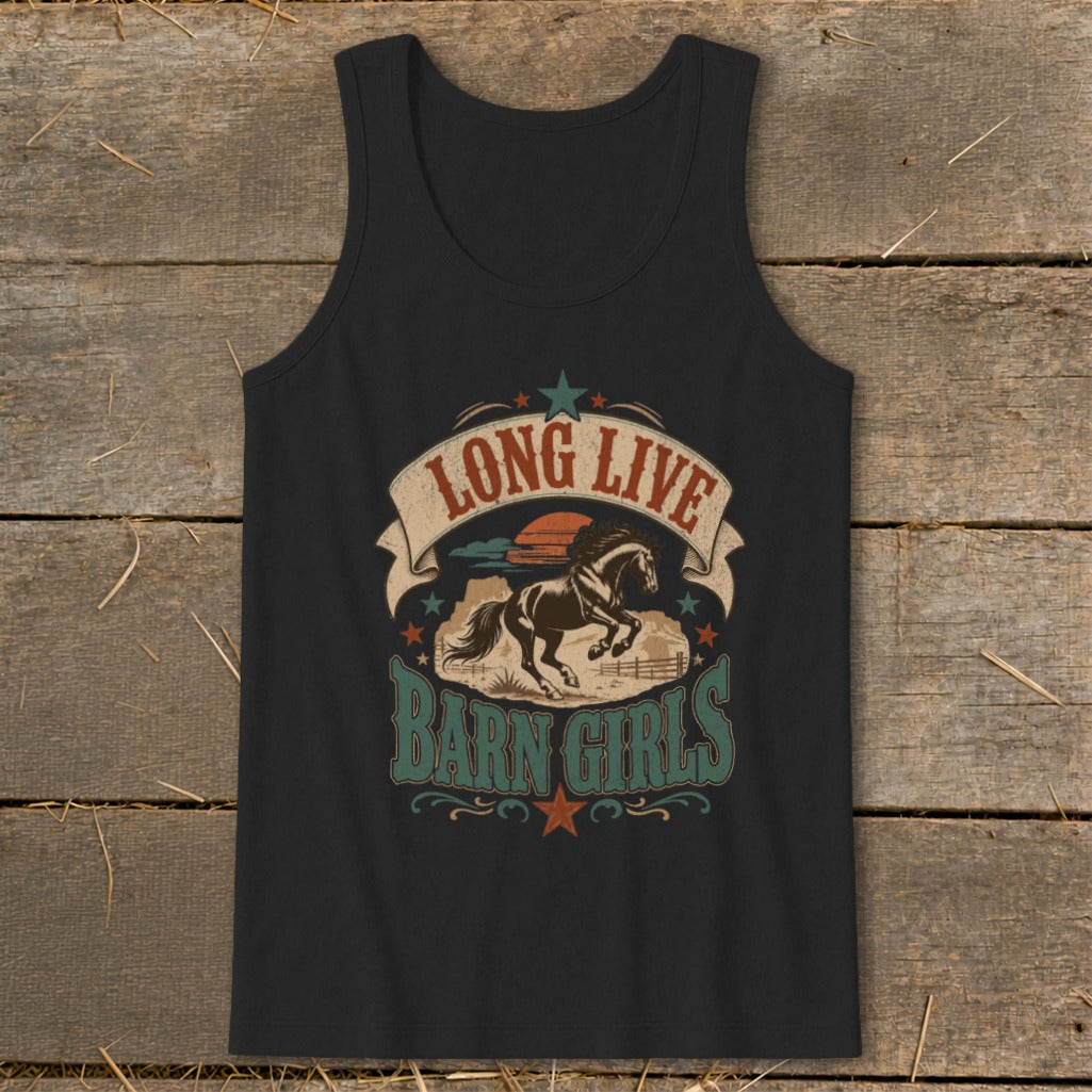 Black tank top with a "Long Live Barn Girls" graphic featuring a running horse and sunset.