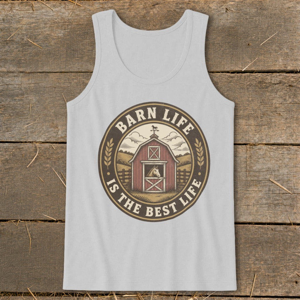 Grey tank top with a circular graphic featuring a red barn and the text "Barn Life Is The Best Life."