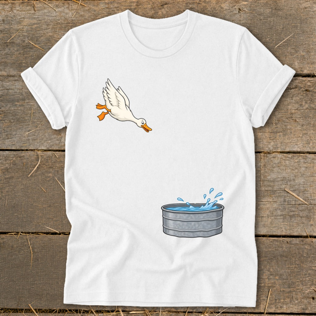Cartoon duck flying towards a galvanized tub splashing water.