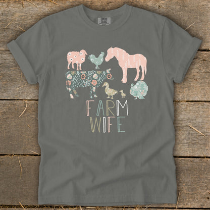 Gray t-shirt with colorful farm animals and "FARM WIFE" text.