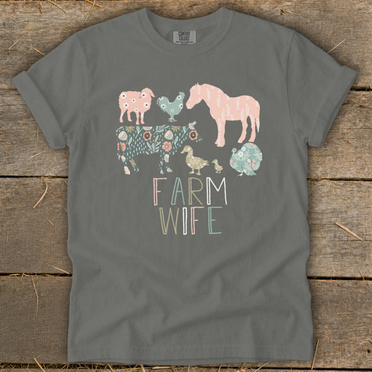 Gray t-shirt with colorful farm animals and "FARM WIFE" text.