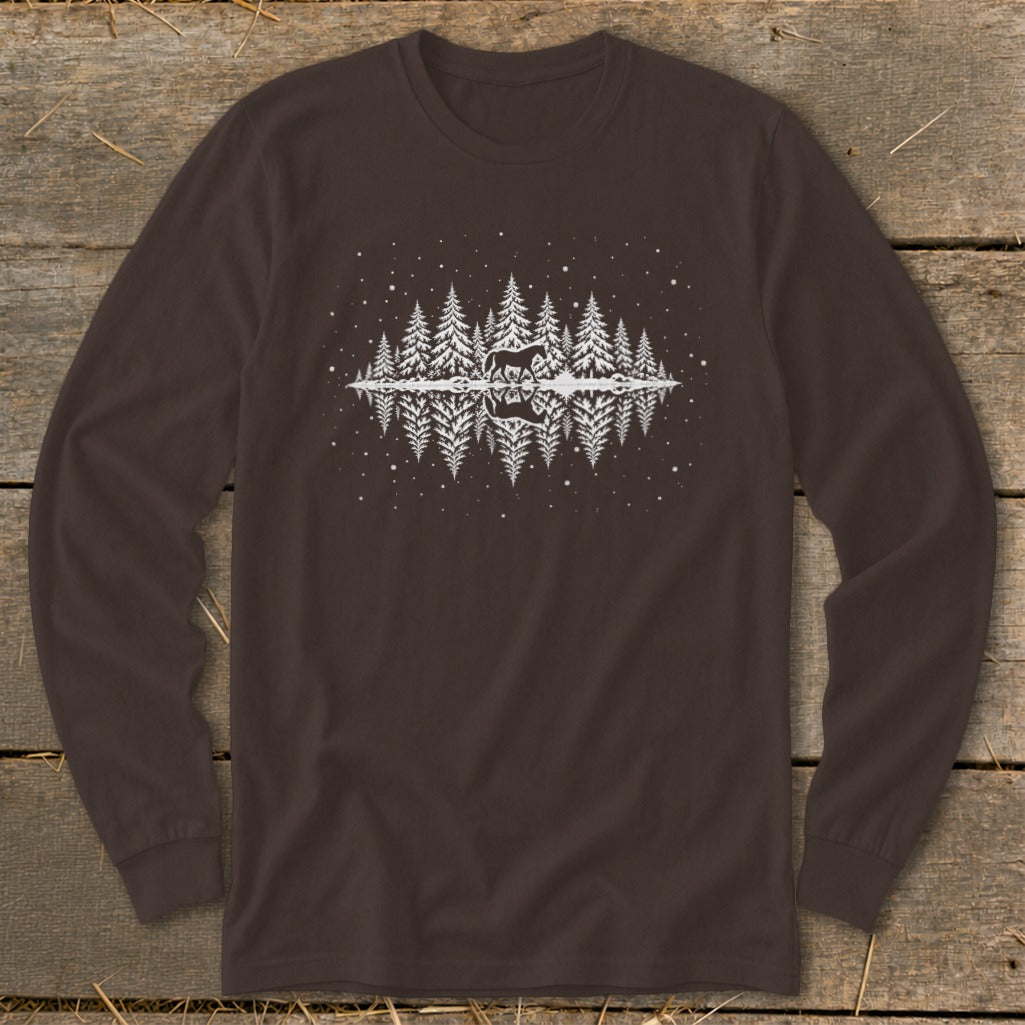 Brown long-sleeve shirt with white forest, deer, and reflection graphic.