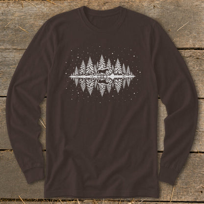 Brown long-sleeve shirt with white forest, deer, and reflection graphic.