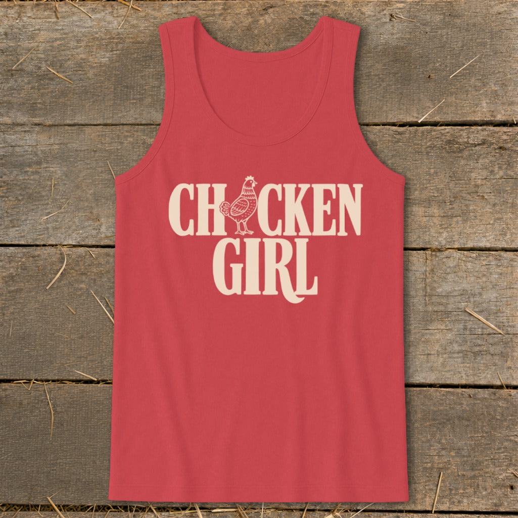 Red tank top with "Chicken Girl" text and a small chicken illustration.