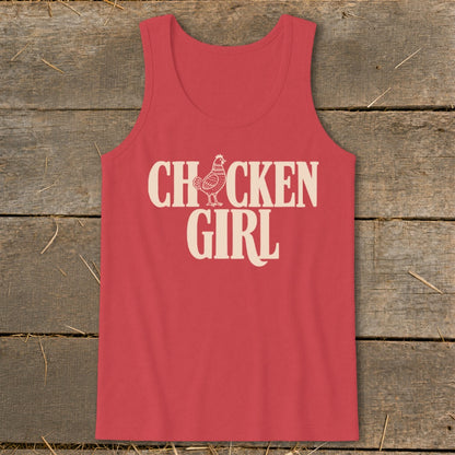 Red tank top with "Chicken Girl" text and a small chicken illustration.