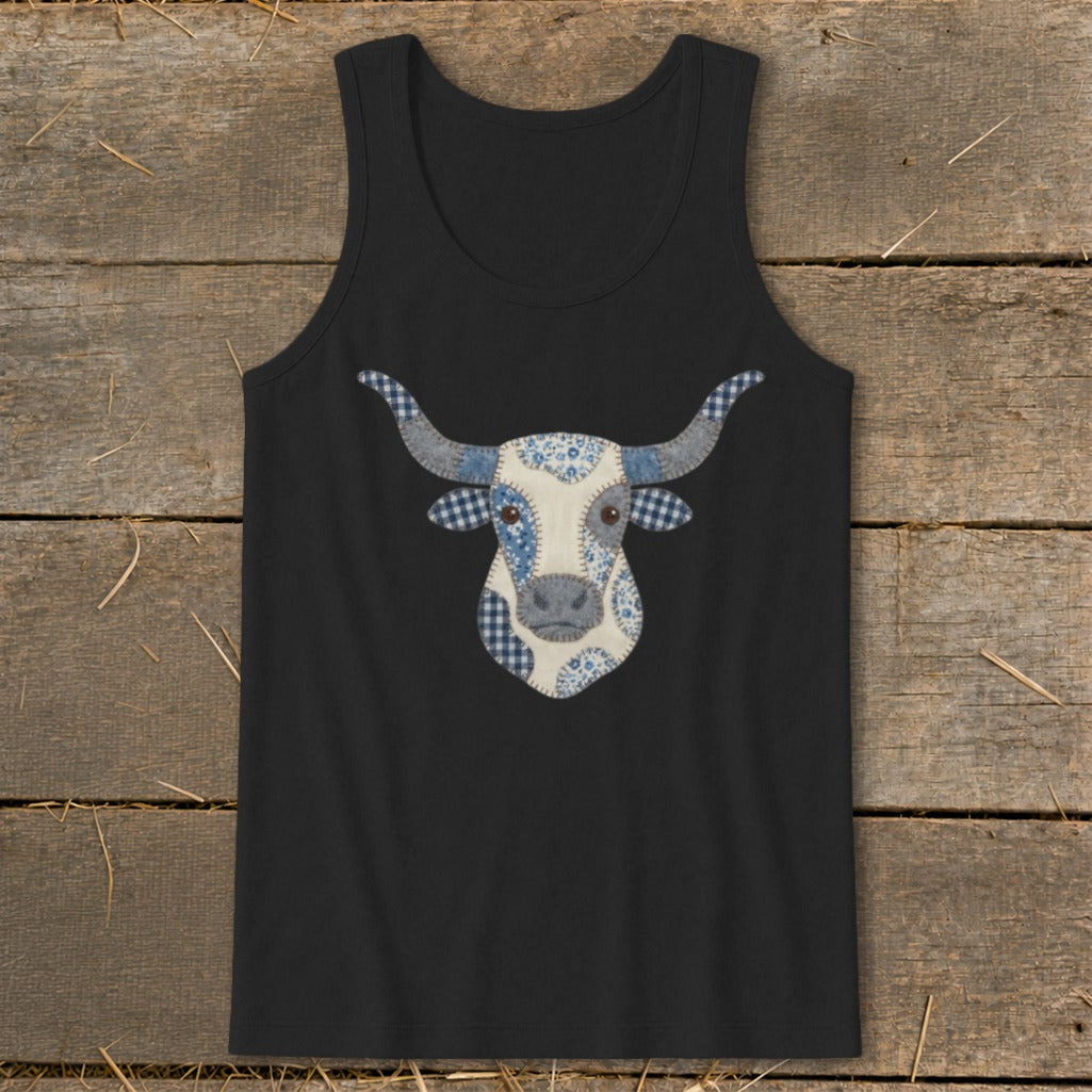Black tank top featuring a quilted longhorn bull head graphic in blue and white.