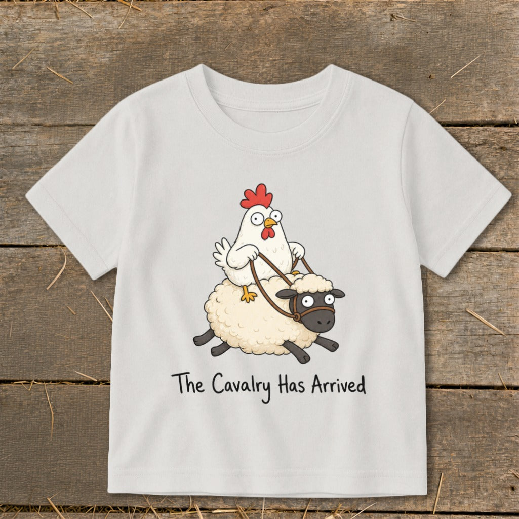 White t-shirt with cartoon chicken riding a sheep, text "The Cavalry Has Arrived".
