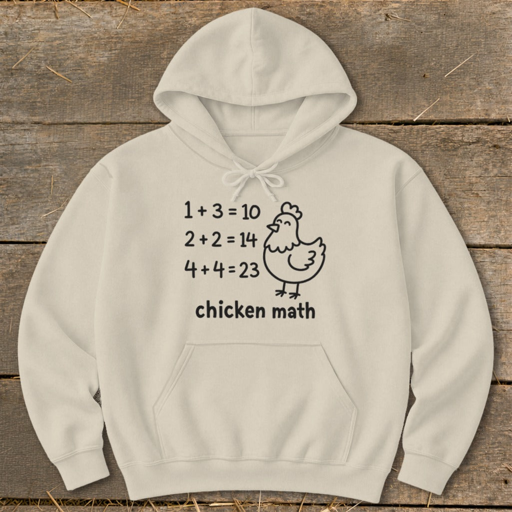 Light beige hoodie with "chicken math" text and cartoon chicken illustration.