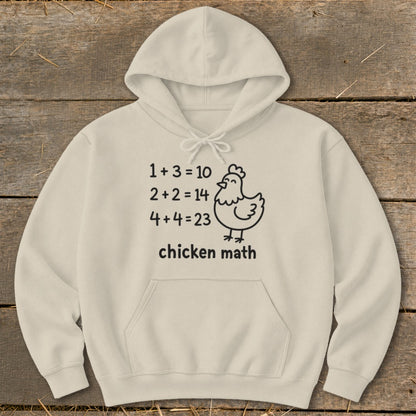 Light beige hoodie with "chicken math" text and cartoon chicken illustration.