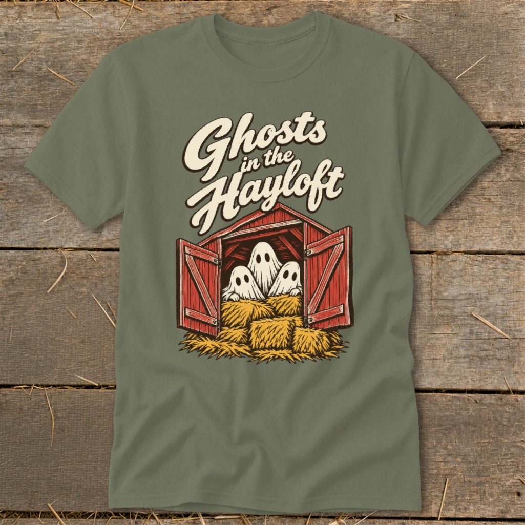 Ghosts in the Hayloft graphic featuring three ghosts in a red barn on hay bales.