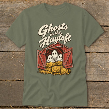 Ghosts in the Hayloft graphic featuring three ghosts in a red barn on hay bales.