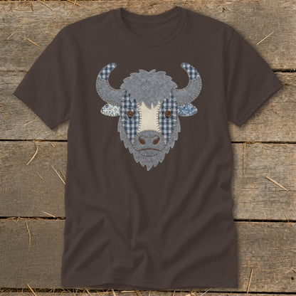 Brown t-shirt with a patchwork bull face graphic in gray, blue, and white fabrics.