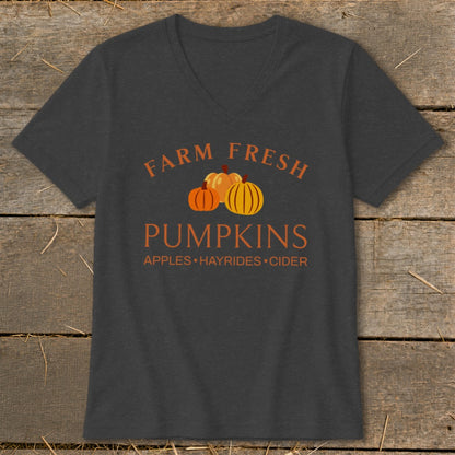 Dark gray v-neck t-shirt with "Farm Fresh Pumpkins" and fall-themed graphics.