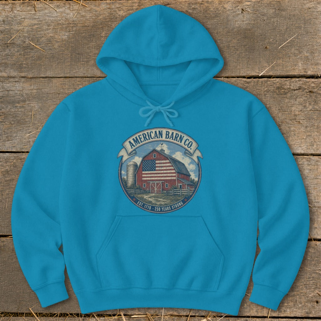 Teal hoodie with American Barn Co. circular logo featuring a barn, silo, and US flag.
