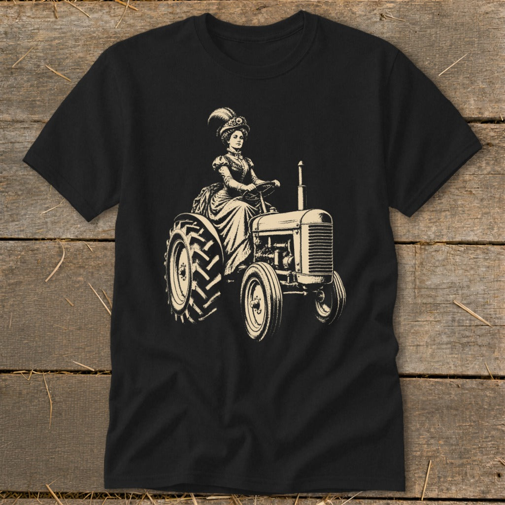 Line art of a woman in Victorian attire driving a tractor.