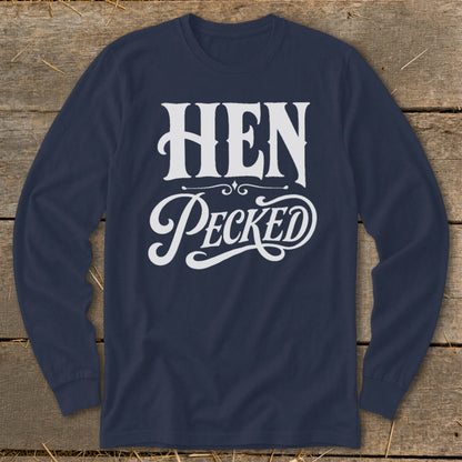 Navy long sleeve shirt with white "HEN Pecked" text.