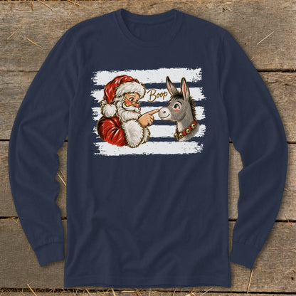 Santa booping a donkey on a blue and white striped background with the word "Boop".