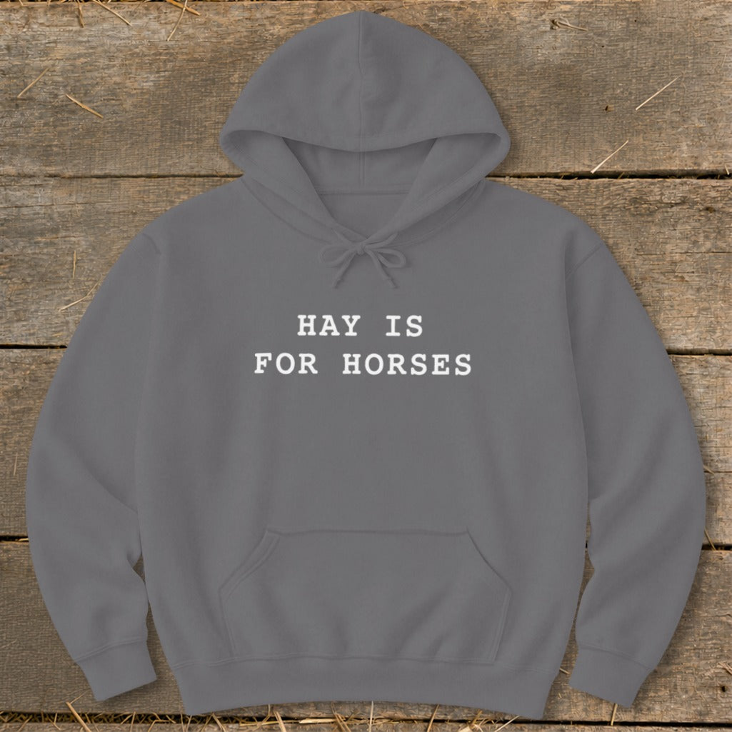 Grey hoodie with white text that reads "HAY IS FOR HORSES".