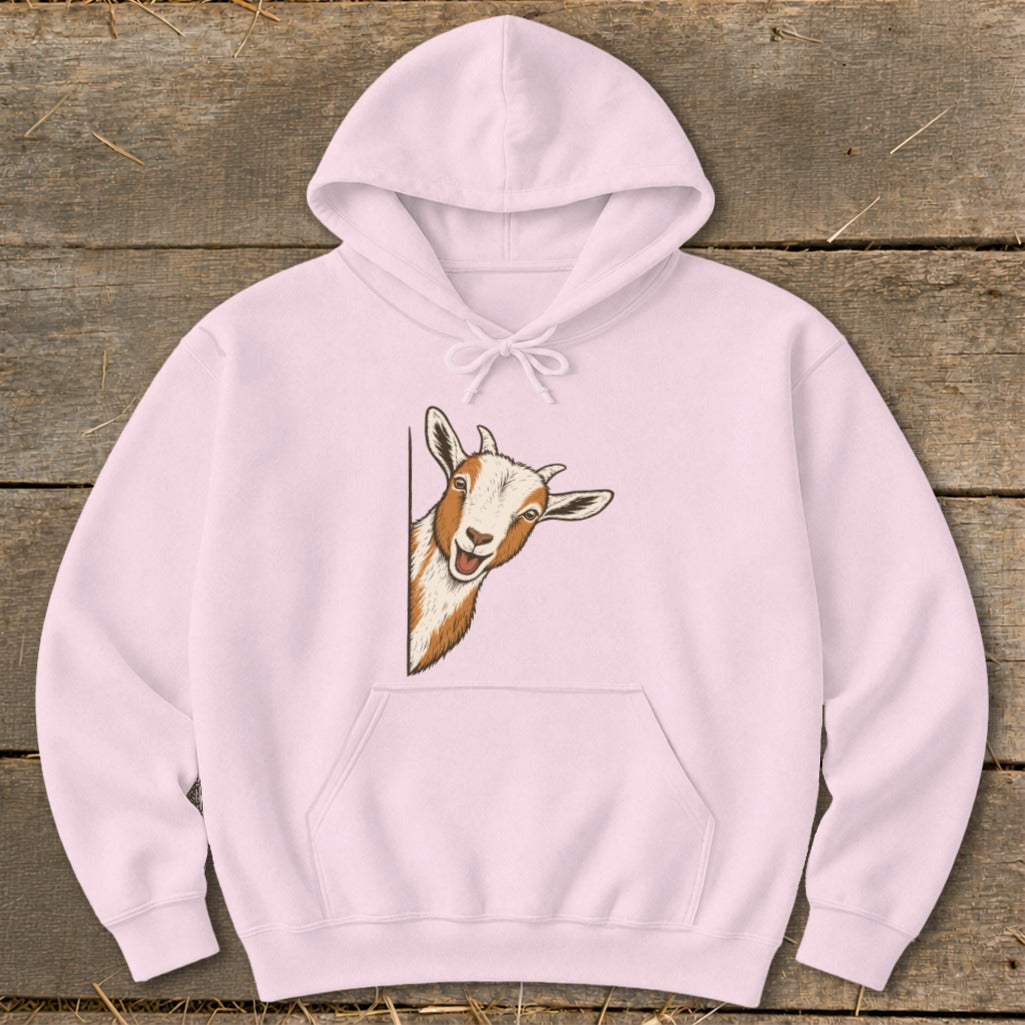 Pink hoodie with a cartoon goat peeking from the side.