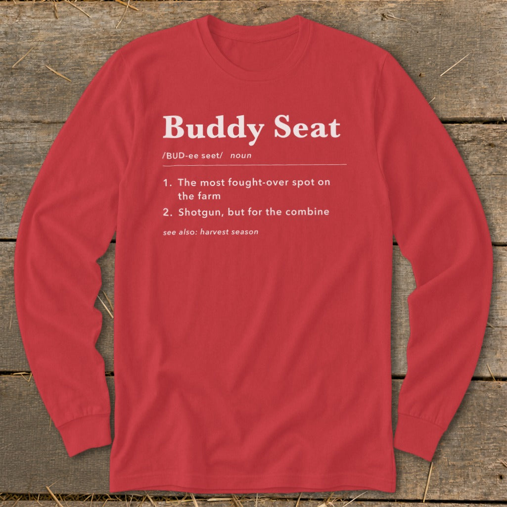 Red long-sleeve shirt with "Buddy Seat" definition printed in white.