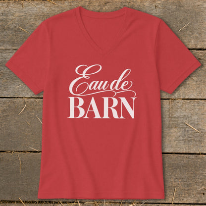 Red V-neck t-shirt with white "Eau de BARN" text.