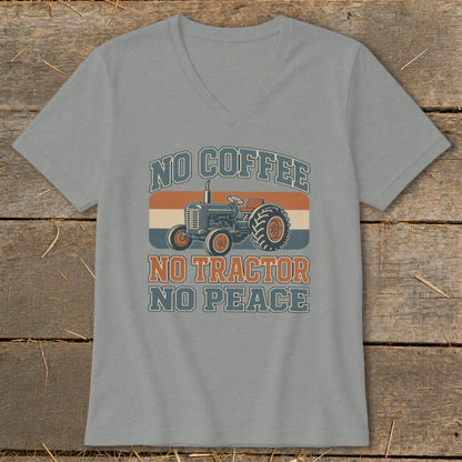 Gray v-neck t-shirt with tractor graphic and text "NO COFFEE NO TRACTOR NO PEACE".