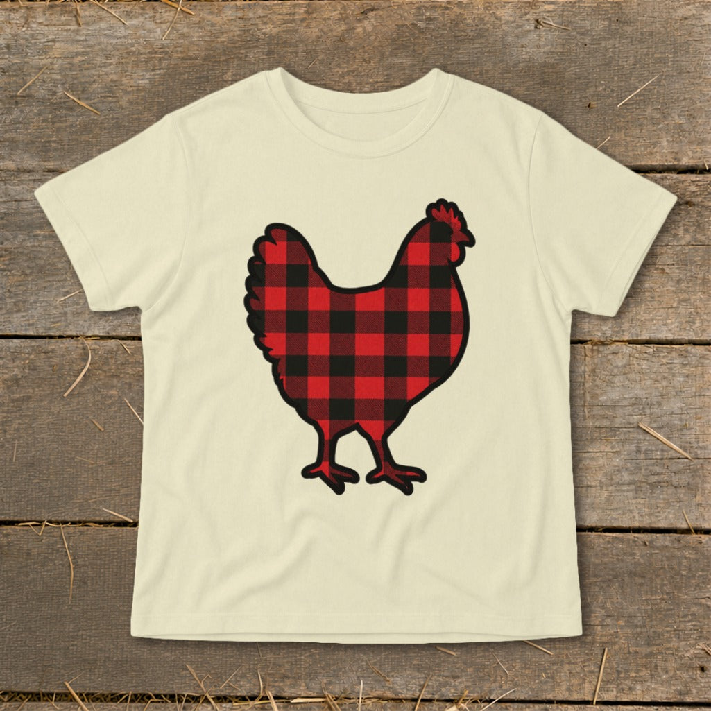 Cream t-shirt with a red and black buffalo plaid chicken graphic.