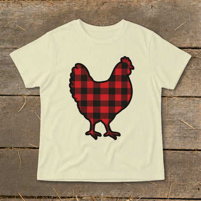 Cream t-shirt with a red and black buffalo plaid chicken graphic.