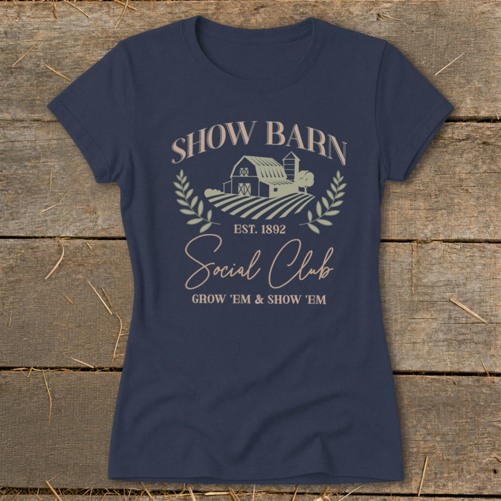 Navy t-shirt with "Show Barn Social Club" text and barn graphic.