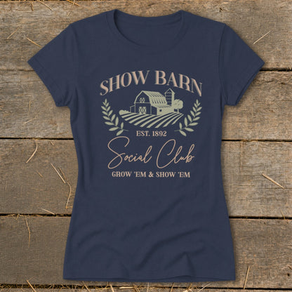 Navy t-shirt with "Show Barn Social Club" text and barn graphic.